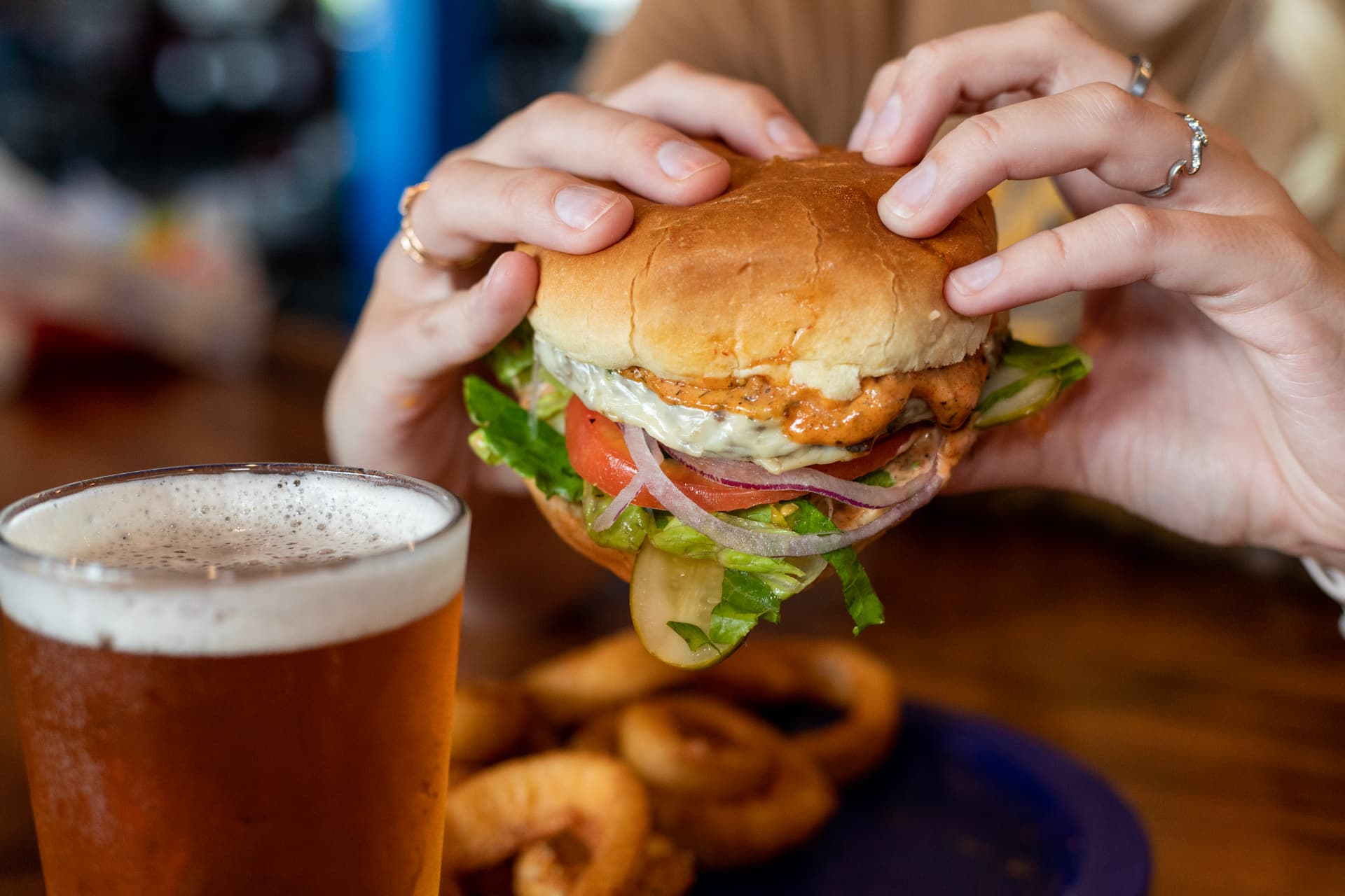 Chicken Bacon Ranch sandwich with crispy chicken, bacon, ranch and a beer
