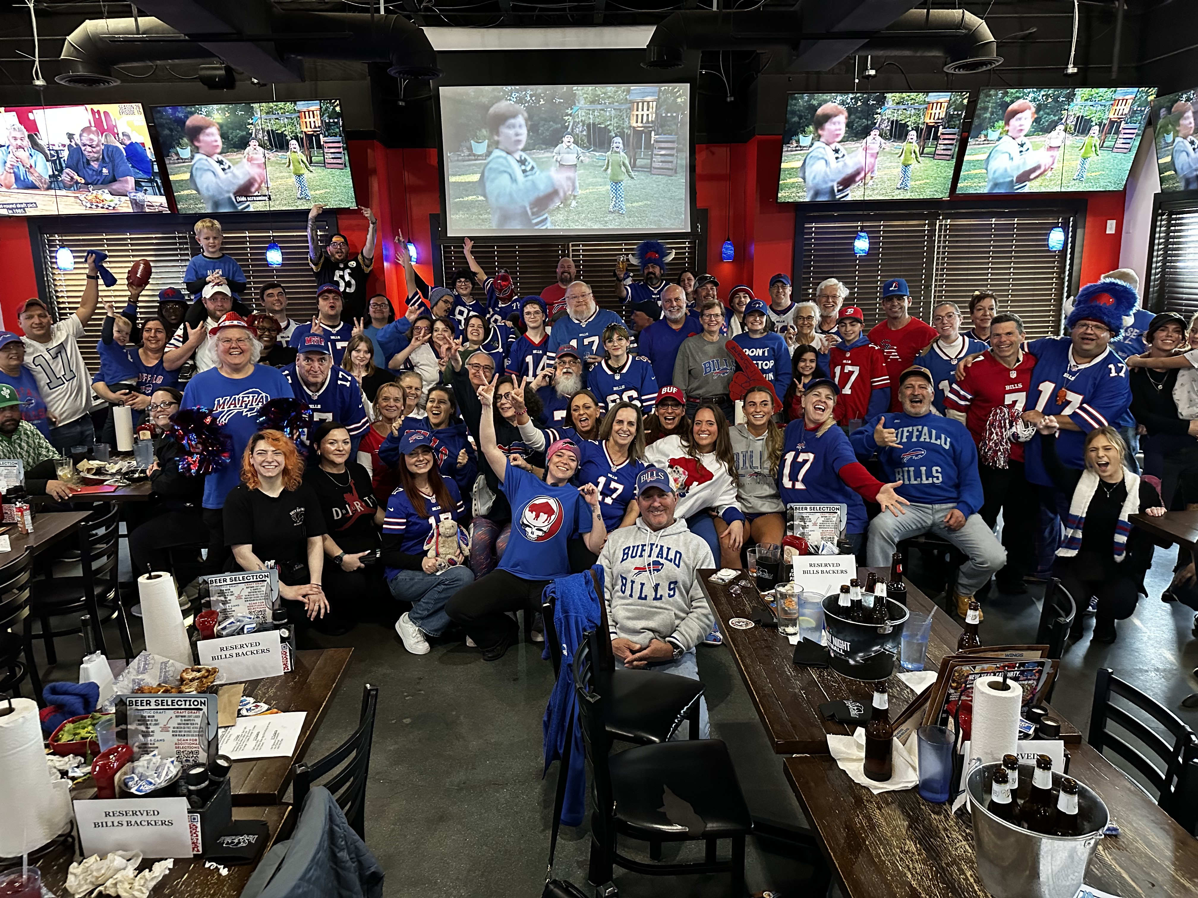 A massive crowd of Buffalo Bills Backers in jerseys packed into The Dirty Buffalo Princess Anne in 2025