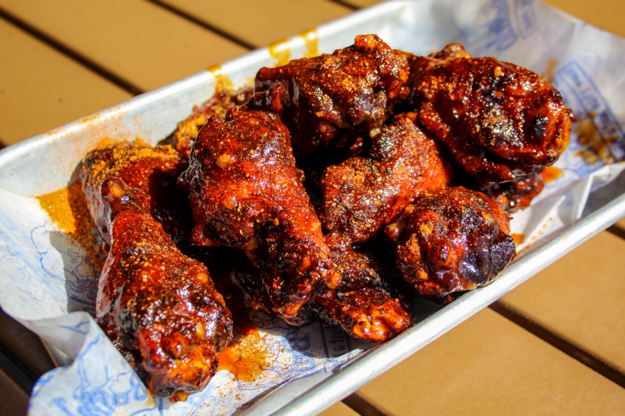 Red, White and Big Blue burnt end wings with dry rub and sticky glaze