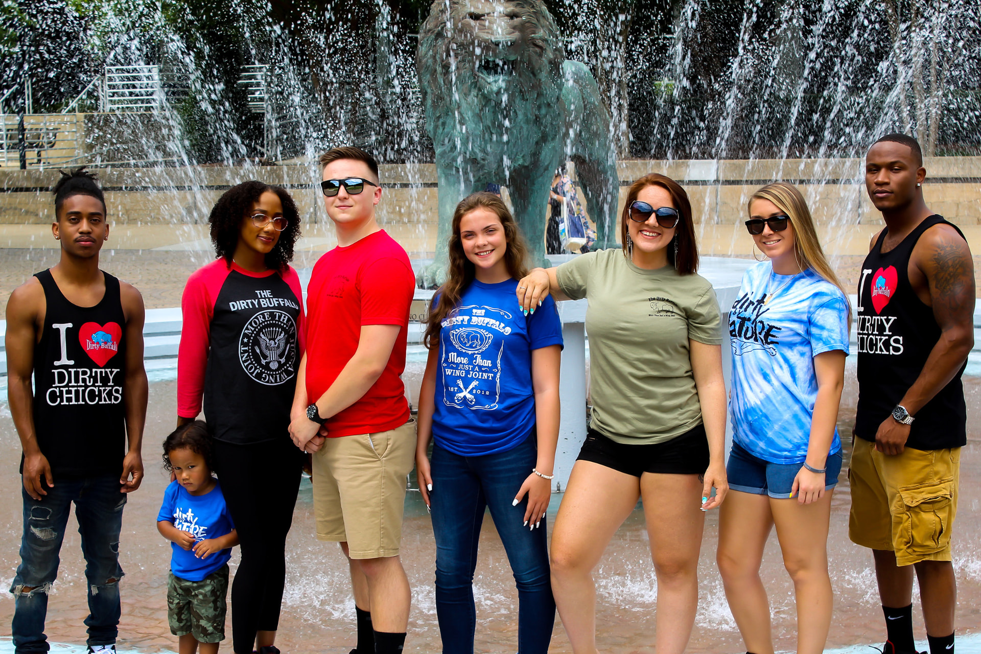 Dirty Buffalo team members in brand shirts at the ODU fountain